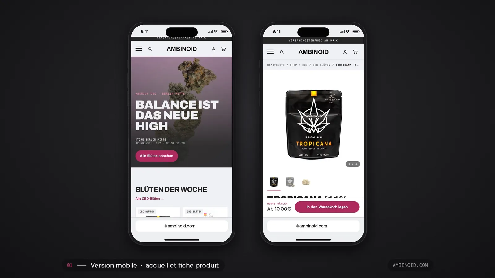 La boutique en ligne Ambinoid sur téléphone et sur ordinateur : fleurs de CBD, verrerie et headshop à Berlin