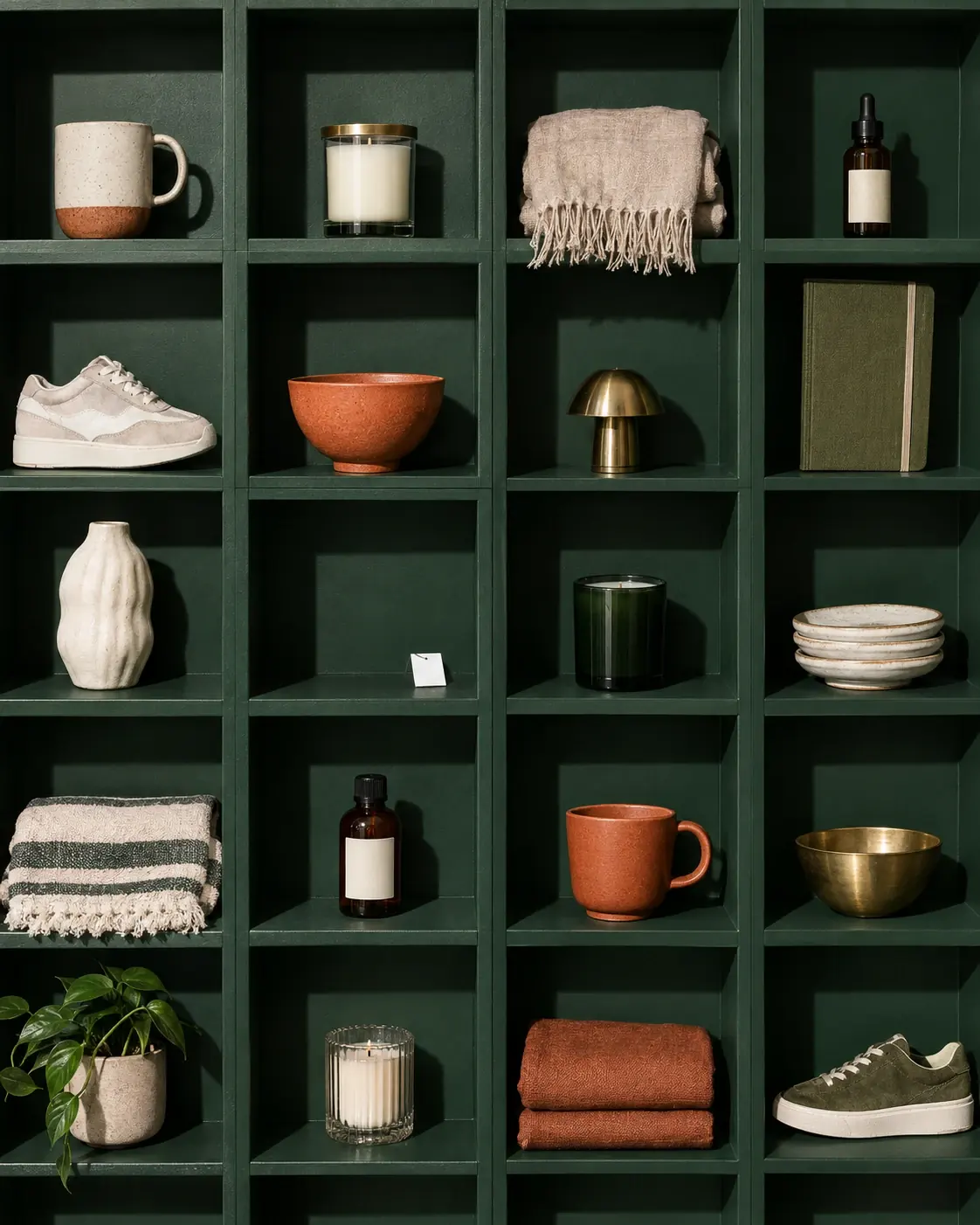 Des produits rangés case par case sur une étagère vert sapin, comme le catalogue d’une boutique en ligne